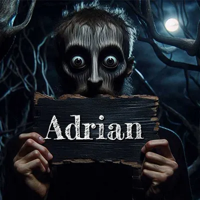 Figura surrealista de rostro pálido con ojos muy saltones en un bosque oscuro, sosteniendo un trozo de madera negra cubriendo su boca bajo la luz de la luna. - Adrian