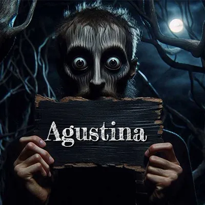 Figura surrealista de rostro pálido con ojos muy saltones en un bosque oscuro, sosteniendo un trozo de madera negra cubriendo su boca bajo la luz de la luna. - Agustina Figura surrealista de rostro pálido con ojos muy saltones en un bosque oscuro, sosteniendo un trozo de madera negra cubriendo su boca bajo la luz de la luna. - Agustina