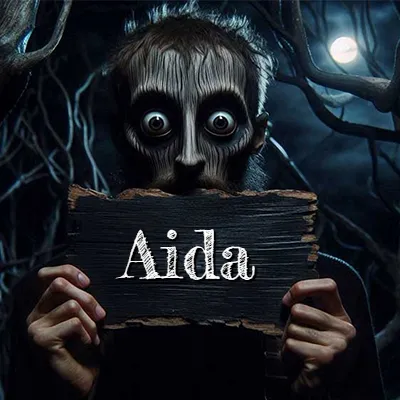 Figura surrealista de rostro pálido con ojos muy saltones en un bosque oscuro, sosteniendo un trozo de madera negra cubriendo su boca bajo la luz de la luna. - Aida