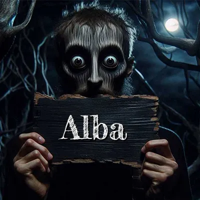 Figura surrealista de rostro pálido con ojos muy saltones en un bosque oscuro, sosteniendo un trozo de madera negra cubriendo su boca bajo la luz de la luna. - Alba Figura surrealista de rostro pálido con ojos muy saltones en un bosque oscuro, sosteniendo un trozo de madera negra cubriendo su boca bajo la luz de la luna. - Alba