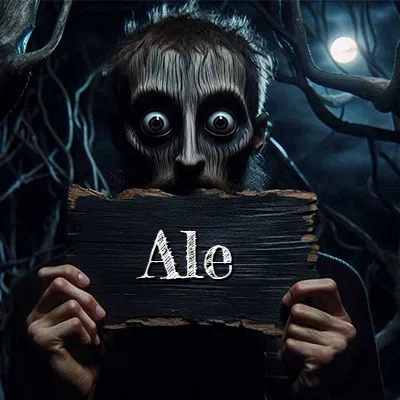 Obra de arte de terror fantástico: un rostro misterioso con ojos saltones y grandes rodeados de sombras oscuras y arrugas similares a corteza. Sostiene una pieza de madera vieja y quemada en un bosque nocturno bajo la luna. El nombre Ale aparece en letras blancas clásicas en la tabla de madera quemada.