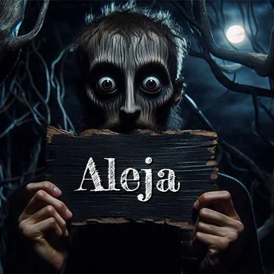 Obra de arte de terror fantástico: un rostro misterioso con ojos saltones y grandes rodeados de sombras oscuras y arrugas similares a corteza. Sostiene una pieza de madera vieja y quemada en un bosque nocturno bajo la luna. El nombre Aleja aparece en letras blancas clásicas en la tabla de madera quemada.