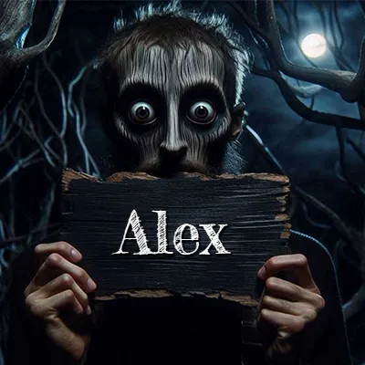 Obra de arte de terror fantástico: un rostro misterioso con ojos saltones y grandes rodeados de sombras oscuras y arrugas similares a corteza. Sostiene una pieza de madera vieja y quemada en un bosque nocturno bajo la luna. El nombre Alex aparece en letras blancas clásicas en la tabla de madera quemada.