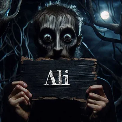 Obra de arte de terror fantástico: un rostro misterioso con ojos saltones y grandes rodeados de sombras oscuras y arrugas similares a corteza. Sostiene una pieza de madera vieja y quemada en un bosque nocturno bajo la luna. El nombre Ali aparece en letras blancas clásicas en la tabla de madera quemada.