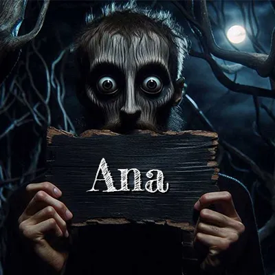 Obra de arte de terror fantástico: un rostro misterioso con ojos saltones y grandes rodeados de sombras oscuras y arrugas similares a corteza. Sostiene una pieza de madera vieja y quemada en un bosque nocturno bajo la luna. El nombre Ana aparece en letras blancas clásicas en la tabla de madera quemada.
