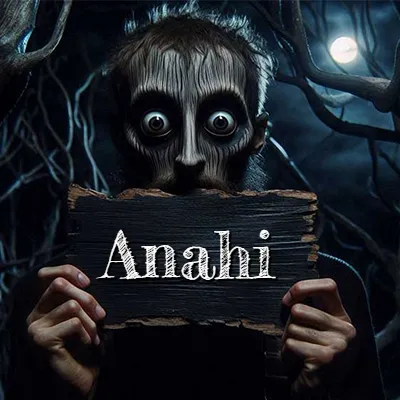 Figura surrealista de rostro pálido con ojos muy saltones en un bosque oscuro, sosteniendo un trozo de madera negra cubriendo su boca bajo la luz de la luna. - Ana