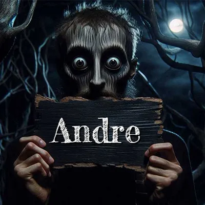 Obra de arte de terror fantástico: un rostro misterioso con ojos saltones y grandes rodeados de sombras oscuras y arrugas similares a corteza. Sostiene una pieza de madera vieja y quemada en un bosque nocturno bajo la luna. El nombre Andre aparece en letras blancas clásicas en la tabla de madera quemada.