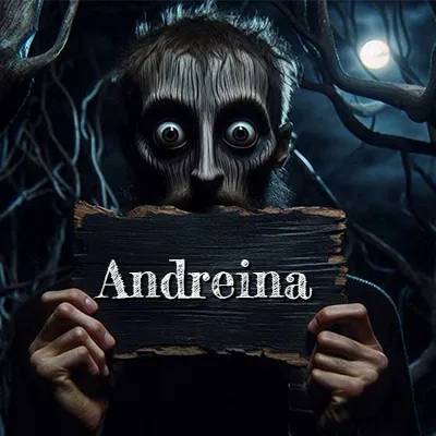 Figura surrealista de rostro pálido con ojos muy saltones en un bosque oscuro, sosteniendo un trozo de madera negra cubriendo su boca bajo la luz de la luna. - Andreina