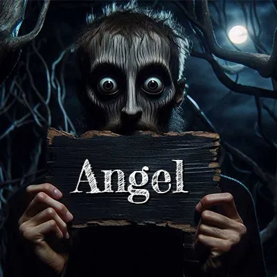 Obra de arte de terror fantástico: un rostro misterioso con ojos saltones y grandes rodeados de sombras oscuras y arrugas similares a corteza. Sostiene una pieza de madera vieja y quemada en un bosque nocturno bajo la luna. El nombre Angel aparece en letras blancas clásicas en la tabla de madera quemada.