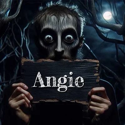 Figura surrealista de rostro pálido con ojos muy saltones en un bosque oscuro, sosteniendo un trozo de madera negra cubriendo su boca bajo la luz de la luna. - Angie Figura surrealista de rostro pálido con ojos muy saltones en un bosque oscuro, sosteniendo un trozo de madera negra cubriendo su boca bajo la luz de la luna. - Angie