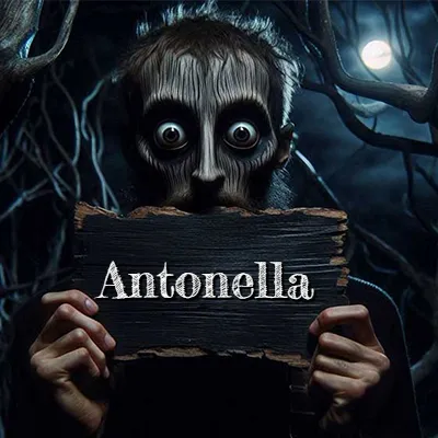 Figura surrealista de rostro pálido con ojos muy saltones en un bosque oscuro, sosteniendo un trozo de madera negra cubriendo su boca bajo la luz de la luna. - Antonella