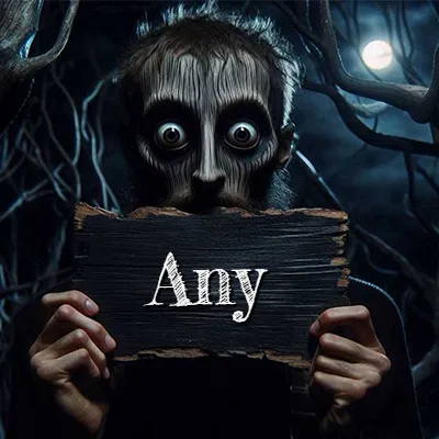 Figura surrealista de rostro pálido con ojos muy saltones en un bosque oscuro, sosteniendo un trozo de madera negra cubriendo su boca bajo la luz de la luna. - Any