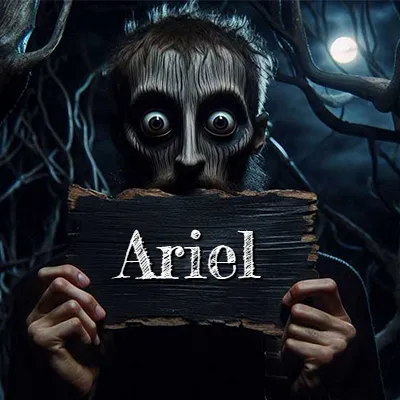 Figura surrealista de rostro pálido con ojos muy saltones en un bosque oscuro, sosteniendo un trozo de madera negra cubriendo su boca bajo la luz de la luna. - Ariel