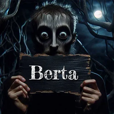 Figura surrealista de rostro pálido con ojos muy saltones en un bosque oscuro, sosteniendo un trozo de madera negra cubriendo su boca bajo la luz de la luna. - Berta Figura surrealista de rostro pálido con ojos muy saltones en un bosque oscuro, sosteniendo un trozo de madera negra cubriendo su boca bajo la luz de la luna. - Berta