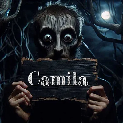 Figura surrealista de rostro pálido con ojos muy saltones en un bosque oscuro, sosteniendo un trozo de madera negra cubriendo su boca bajo la luz de la luna. - Camila