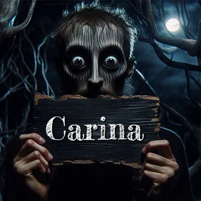 Figura surrealista de rostro pálido con ojos muy saltones en un bosque oscuro, sosteniendo un trozo de madera negra cubriendo su boca bajo la luz de la luna. - Carina