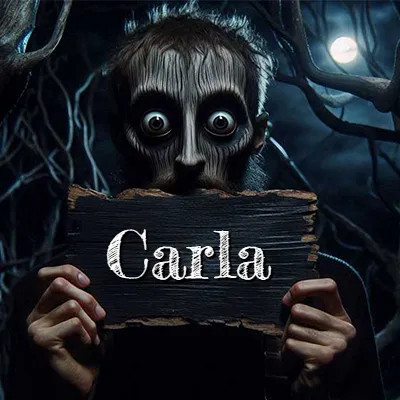 Figura surrealista de rostro pálido con ojos muy saltones en un bosque oscuro, sosteniendo un trozo de madera negra cubriendo su boca bajo la luz de la luna. - Carla
