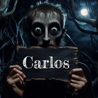 Figura surrealista de rostro pálido con ojos muy saltones en un bosque oscuro, sosteniendo un trozo de madera negra cubriendo su boca bajo la luz de la luna. - Carlos