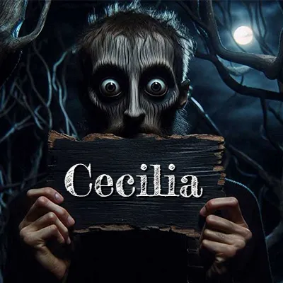 Figura surrealista de rostro pálido con ojos muy saltones en un bosque oscuro, sosteniendo un trozo de madera negra cubriendo su boca bajo la luz de la luna. - Ceci
