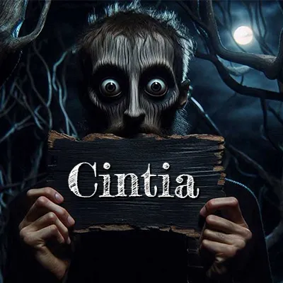 Figura surrealista de rostro pálido con ojos muy saltones en un bosque oscuro, sosteniendo un trozo de madera negra cubriendo su boca bajo la luz de la luna. - Cintia