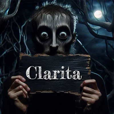 Figura surrealista de rostro pálido con ojos muy saltones en un bosque oscuro, sosteniendo un trozo de madera negra cubriendo su boca bajo la luz de la luna. - Clarita
