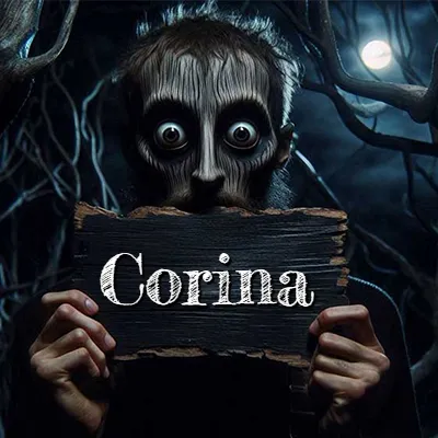 Figura surrealista de rostro pálido con ojos muy saltones en un bosque oscuro, sosteniendo un trozo de madera negra cubriendo su boca bajo la luz de la luna. - Corina
