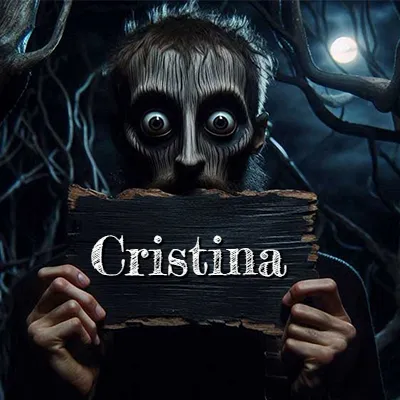 Figura surrealista de rostro pálido con ojos muy saltones en un bosque oscuro, sosteniendo un trozo de madera negra cubriendo su boca bajo la luz de la luna. - Cristina