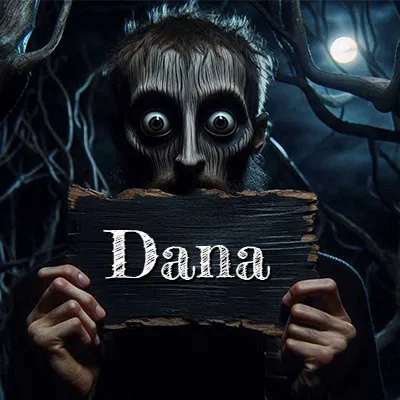 Figura surrealista de rostro pálido con ojos muy saltones en un bosque oscuro, sosteniendo un trozo de madera negra cubriendo su boca bajo la luz de la luna. - Dana