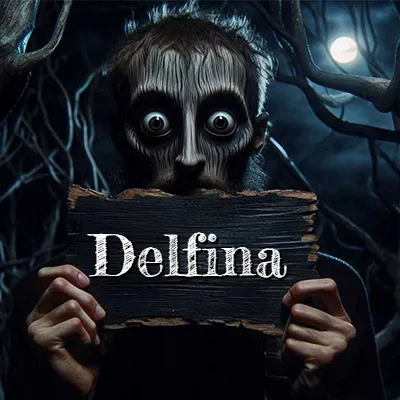 Figura surrealista de rostro pálido con ojos muy saltones en un bosque oscuro, sosteniendo un trozo de madera negra cubriendo su boca bajo la luz de la luna. - Delfina