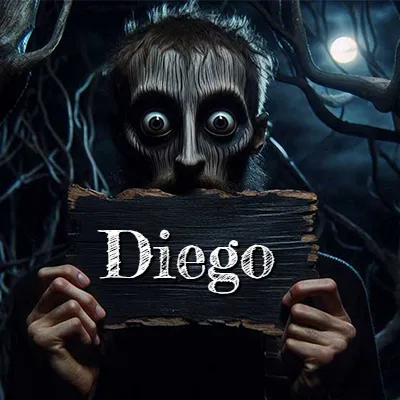 Figura surrealista de rostro pálido con ojos muy saltones en un bosque oscuro, sosteniendo un trozo de madera negra cubriendo su boca bajo la luz de la luna. - Diego