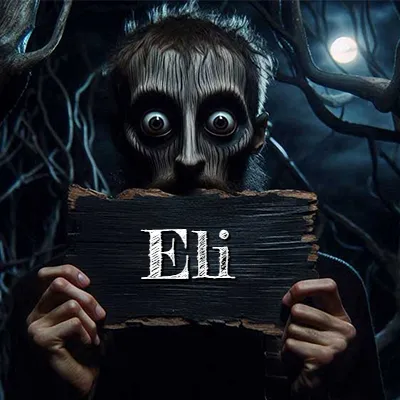 Obra de arte de terror fantástico: un rostro misterioso con ojos saltones y grandes rodeados de sombras oscuras y arrugas similares a corteza. Sostiene una pieza de madera vieja y quemada en un bosque nocturno bajo la luna. El nombre Eli aparece en letras blancas clásicas en la tabla de madera quemada.
