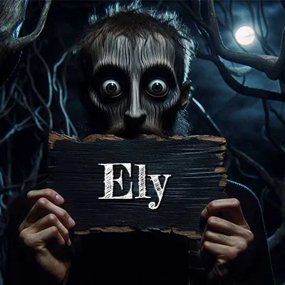 Figura surrealista de rostro pálido con ojos muy saltones en un bosque oscuro, sosteniendo un trozo de madera negra cubriendo su boca bajo la luz de la luna. - Ely