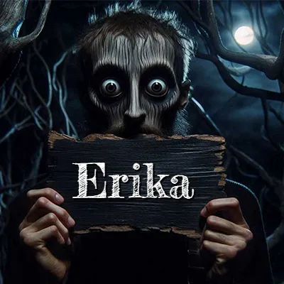 Figura surrealista de rostro pálido con ojos muy saltones en un bosque oscuro, sosteniendo un trozo de madera negra cubriendo su boca bajo la luz de la luna. - Erika