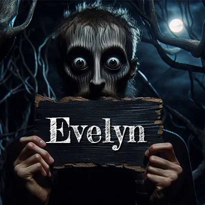 Figura surrealista de rostro pálido con ojos muy saltones en un bosque oscuro, sosteniendo un trozo de madera negra cubriendo su boca bajo la luz de la luna. - Evelyn
