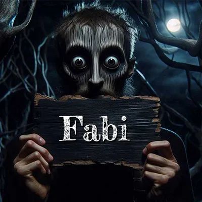 Figura surrealista de rostro pálido con ojos muy saltones en un bosque oscuro, sosteniendo un trozo de madera negra cubriendo su boca bajo la luz de la luna. - Fabi