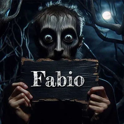 Obra de arte de terror fantástico: un rostro misterioso con ojos saltones y grandes rodeados de sombras oscuras y arrugas similares a corteza. Sostiene una pieza de madera vieja y quemada en un bosque nocturno bajo la luna. El nombre Fabio aparece en letras blancas clásicas en la tabla de madera quemada.