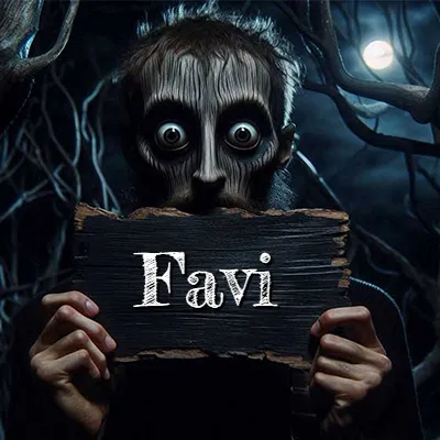 Figura surrealista de rostro pálido con ojos muy saltones en un bosque oscuro, sosteniendo un trozo de madera negra cubriendo su boca bajo la luz de la luna. - Favi