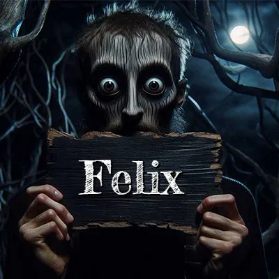 Figura surrealista de rostro pálido con ojos muy saltones en un bosque oscuro, sosteniendo un trozo de madera negra cubriendo su boca bajo la luz de la luna. - Felix