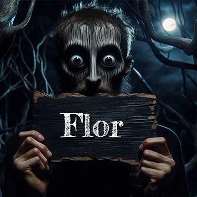 Figura surrealista de rostro pálido con ojos muy saltones en un bosque oscuro, sosteniendo un trozo de madera negra cubriendo su boca bajo la luz de la luna. - Flor