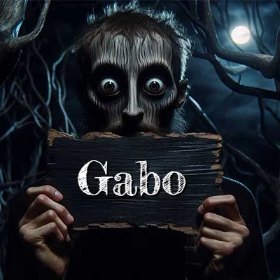 Figura surrealista de rostro pálido con ojos muy saltones en un bosque oscuro, sosteniendo un trozo de madera negra cubriendo su boca bajo la luz de la luna. - Gabo Figura surrealista de rostro pálido con ojos muy saltones en un bosque oscuro, sosteniendo un trozo de madera negra cubriendo su boca bajo la luz de la luna. - Gabo