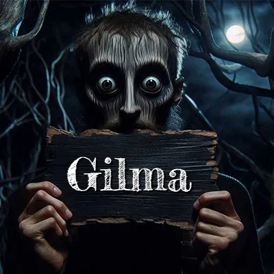 Figura surrealista de rostro pálido con ojos muy saltones en un bosque oscuro, sosteniendo un trozo de madera negra cubriendo su boca bajo la luz de la luna. - Gilma