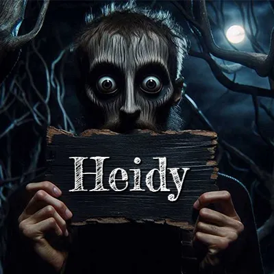 Figura surrealista de rostro pálido con ojos muy saltones en un bosque oscuro, sosteniendo un trozo de madera negra cubriendo su boca bajo la luz de la luna. - Heidy