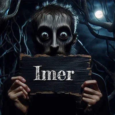 Figura surrealista de rostro pálido con ojos muy saltones en un bosque oscuro, sosteniendo un trozo de madera negra cubriendo su boca bajo la luz de la luna. - Imer Figura surrealista de rostro pálido con ojos muy saltones en un bosque oscuro, sosteniendo un trozo de madera negra cubriendo su boca bajo la luz de la luna. - Imer