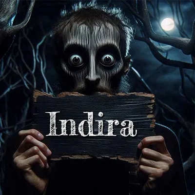 Figura surrealista de rostro pálido con ojos muy saltones en un bosque oscuro, sosteniendo un trozo de madera negra cubriendo su boca bajo la luz de la luna. - Indira