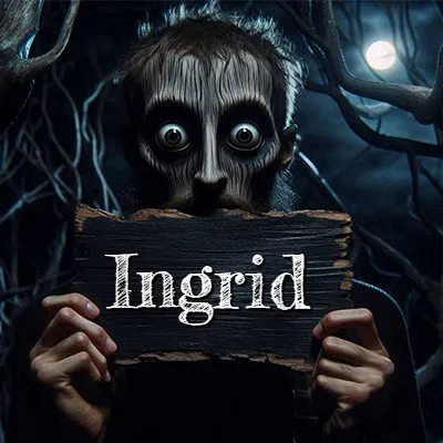 Figura surrealista de rostro pálido con ojos muy saltones en un bosque oscuro, sosteniendo un trozo de madera negra cubriendo su boca bajo la luz de la luna. - Ingrid