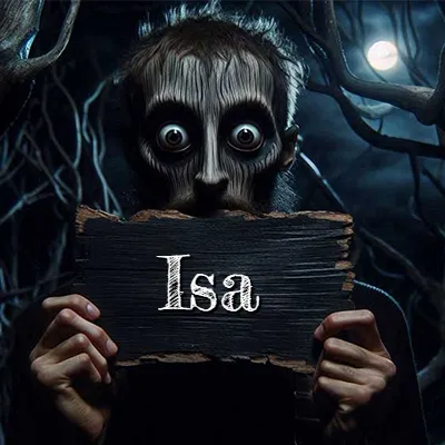 Obra de arte de terror fantástico: un rostro misterioso con ojos saltones y grandes rodeados de sombras oscuras y arrugas similares a corteza. Sostiene una pieza de madera vieja y quemada en un bosque nocturno bajo la luna. El nombre Isa aparece en letras blancas clásicas en la tabla de madera quemada.