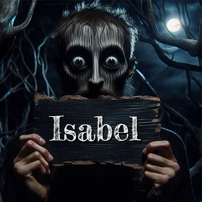Obra de arte de terror fantástico: un rostro misterioso con ojos saltones y grandes rodeados de sombras oscuras y arrugas similares a corteza. Sostiene una pieza de madera vieja y quemada en un bosque nocturno bajo la luna. El nombre Isabel aparece en letras blancas clásicas en la tabla de madera quemada.