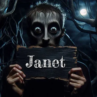 Obra de arte de terror fantástico: un rostro misterioso con ojos saltones y grandes rodeados de sombras oscuras y arrugas similares a corteza. Sostiene una pieza de madera vieja y quemada en un bosque nocturno bajo la luna. El nombre Janet aparece en letras blancas clásicas en la tabla de madera quemada.