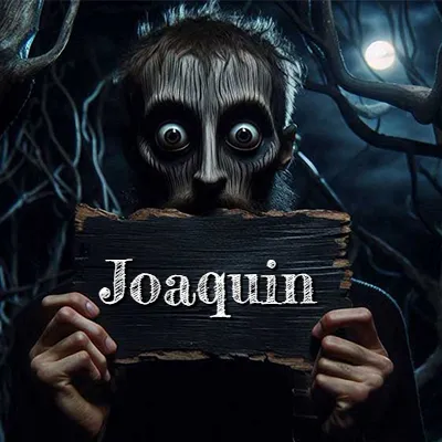Obra de arte de terror fantástico: un rostro misterioso con ojos saltones y grandes rodeados de sombras oscuras y arrugas similares a corteza. Sostiene una pieza de madera vieja y quemada en un bosque nocturno bajo la luna. El nombre Joaquin aparece en letras blancas clásicas en la tabla de madera quemada.