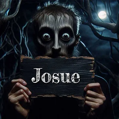 Figura surrealista de rostro pálido con ojos muy saltones en un bosque oscuro, sosteniendo un trozo de madera negra cubriendo su boca bajo la luz de la luna. - Josue